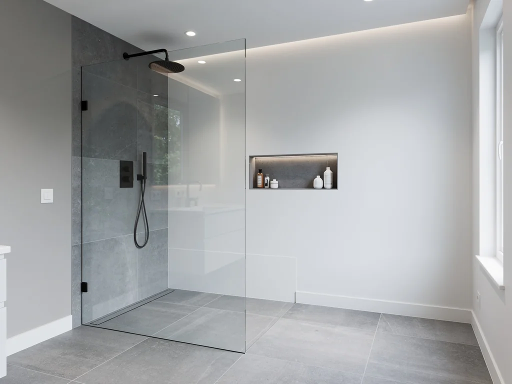 Douche à l'italienne avec paroi vitrée et carrelage grand format gris