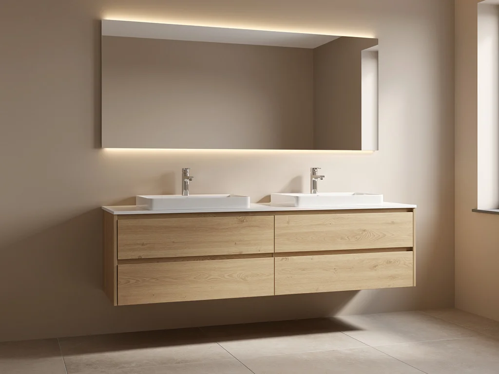 Meuble double vasque suspendu en bois et grand miroir rétroéclairé