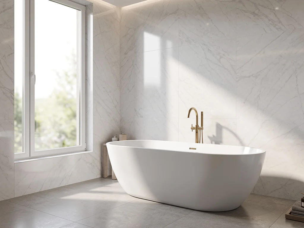 Baignoire îlot et robinetterie laiton dans une salle de bain rénovée