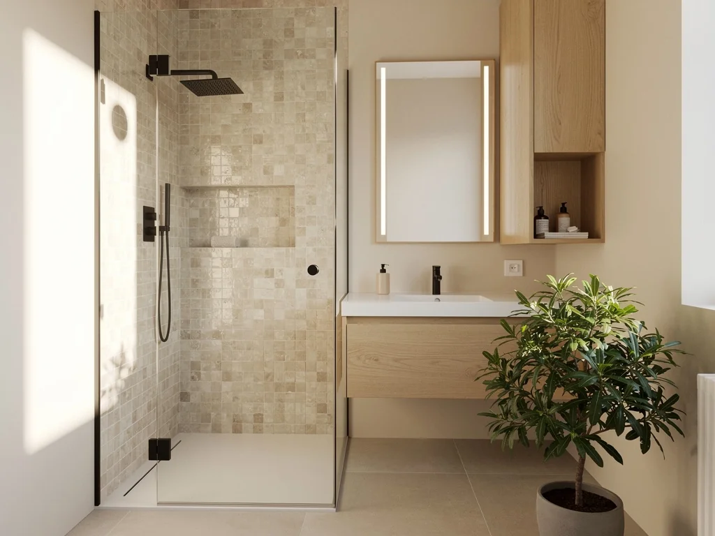 Petite salle de bain avec douche en zellige beige et bois clair