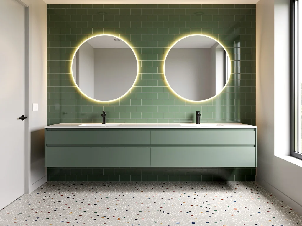 Double vasque, miroirs ronds rétroéclairés et faïence verte mate