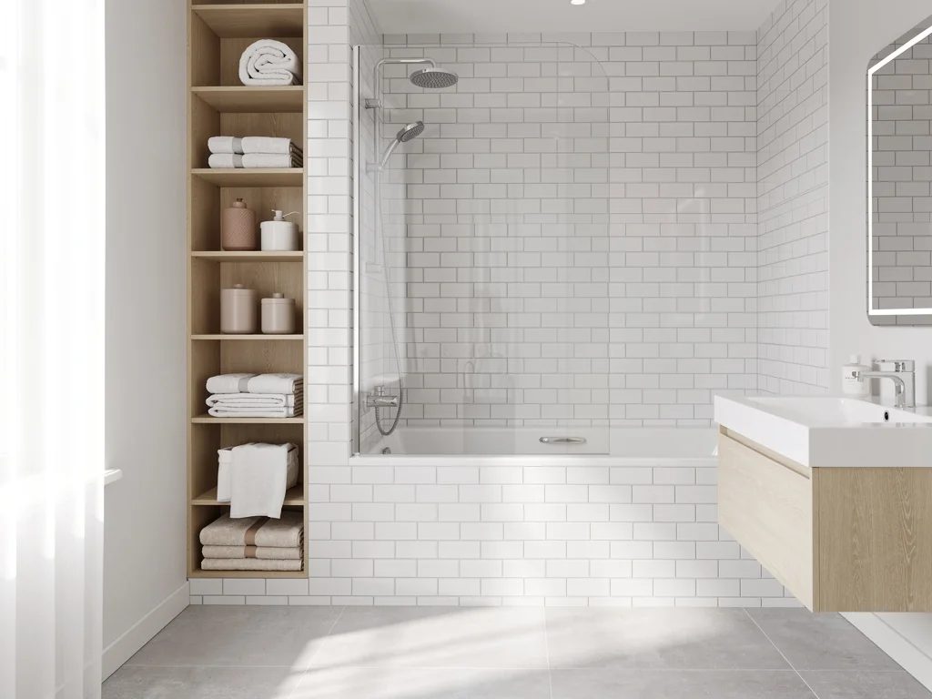 Salle de bain familiale avec combiné bain-douche et faïence métro blanche